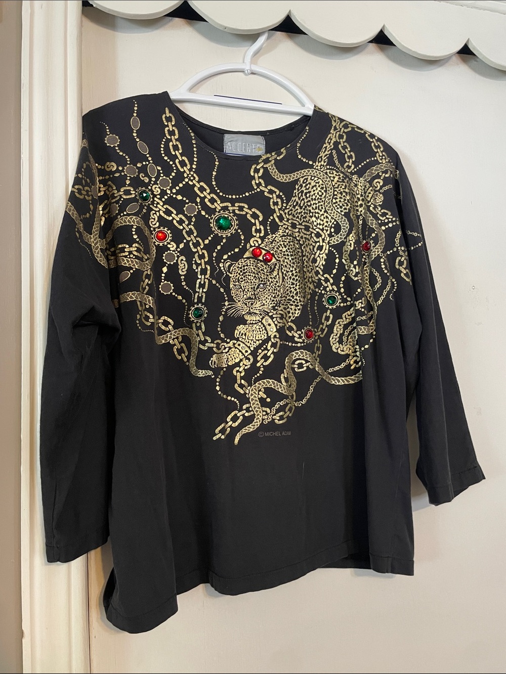 Black 3/4 sleeve with Gold Leopard & Jewel accents vintage shirt